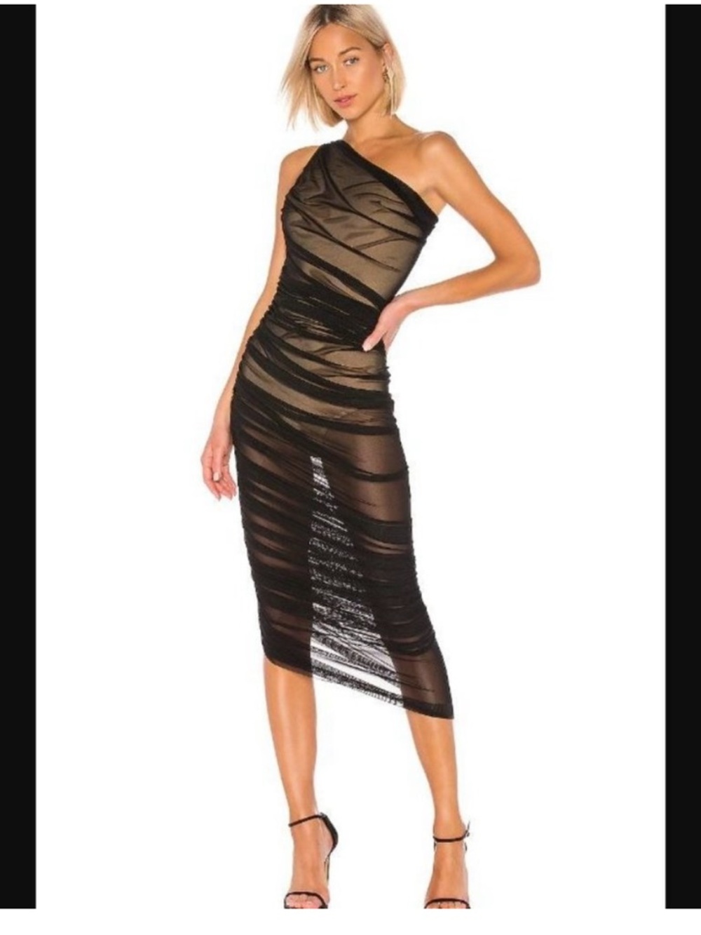 Norma Kamali Black One-Shoulder Sheer Ruched Midi Dress
